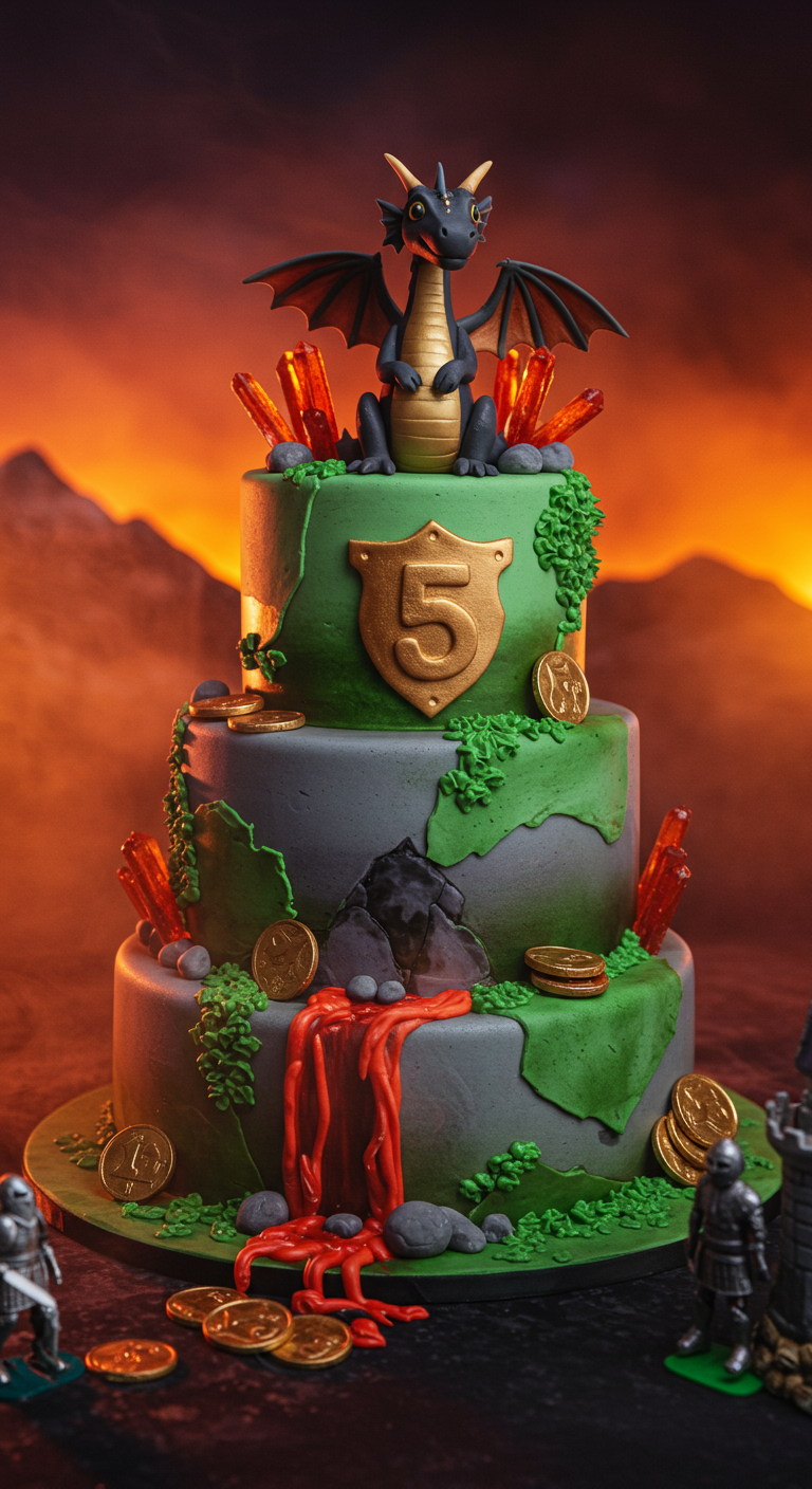 Dreistöckige Drachen-Mottotorte mit Felsenoptik, Lavafluss und Drachenfigur.