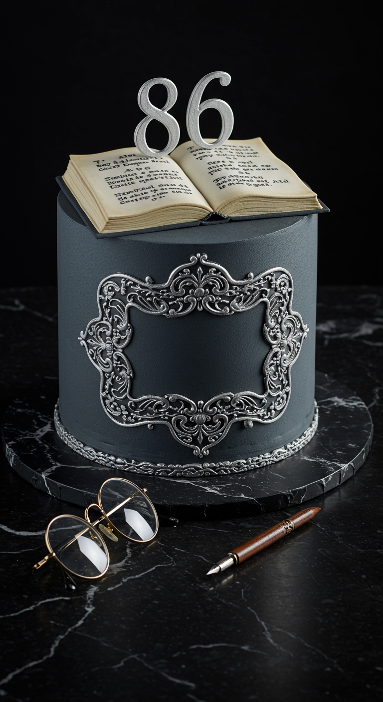 Dunkelgraue Torte mit silbernem Barockrahmen und einem aufgeschlagenen Buch aus Zucker mit