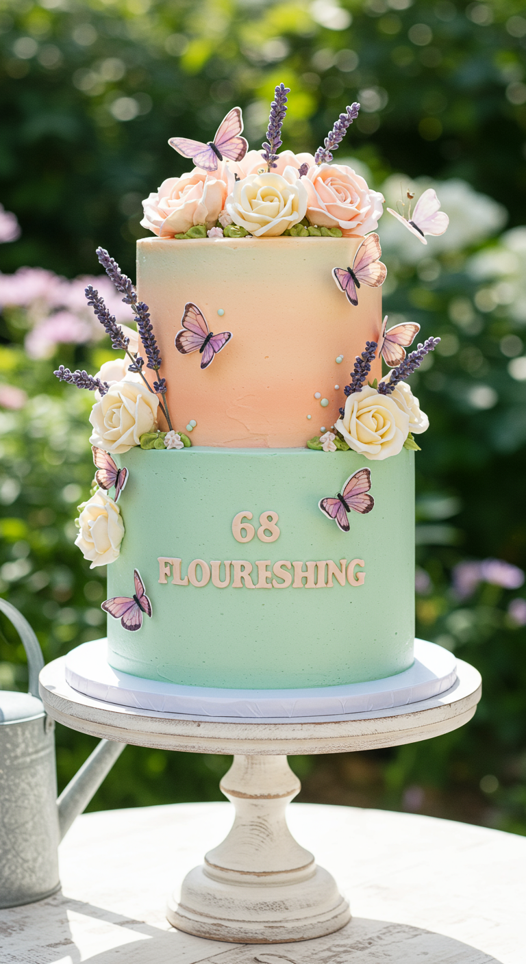 Zweistöckige Pastelltorte mit Rosen, Lavendel, Schmetterlingen und Schriftzug