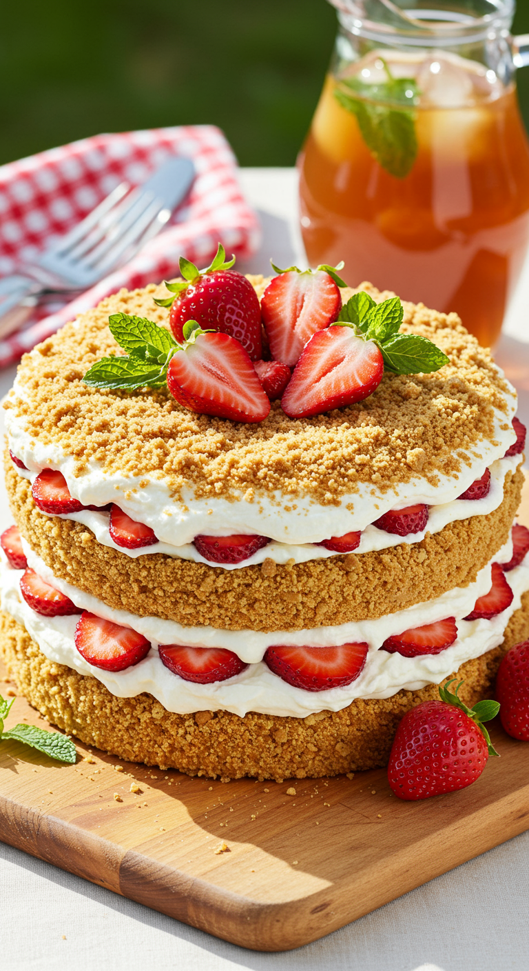 Mehrschichtiger Erdbeer-Sahne-Naked-Cake mit Keksbröseln und frischen Erdbeeren.