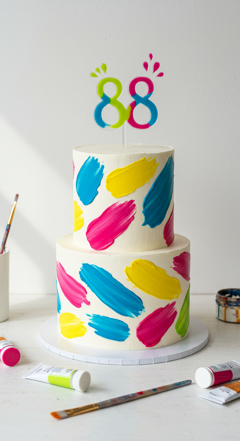 Zweistöckige weiße Torte mit kräftigen, bunten Pinselstrichen.