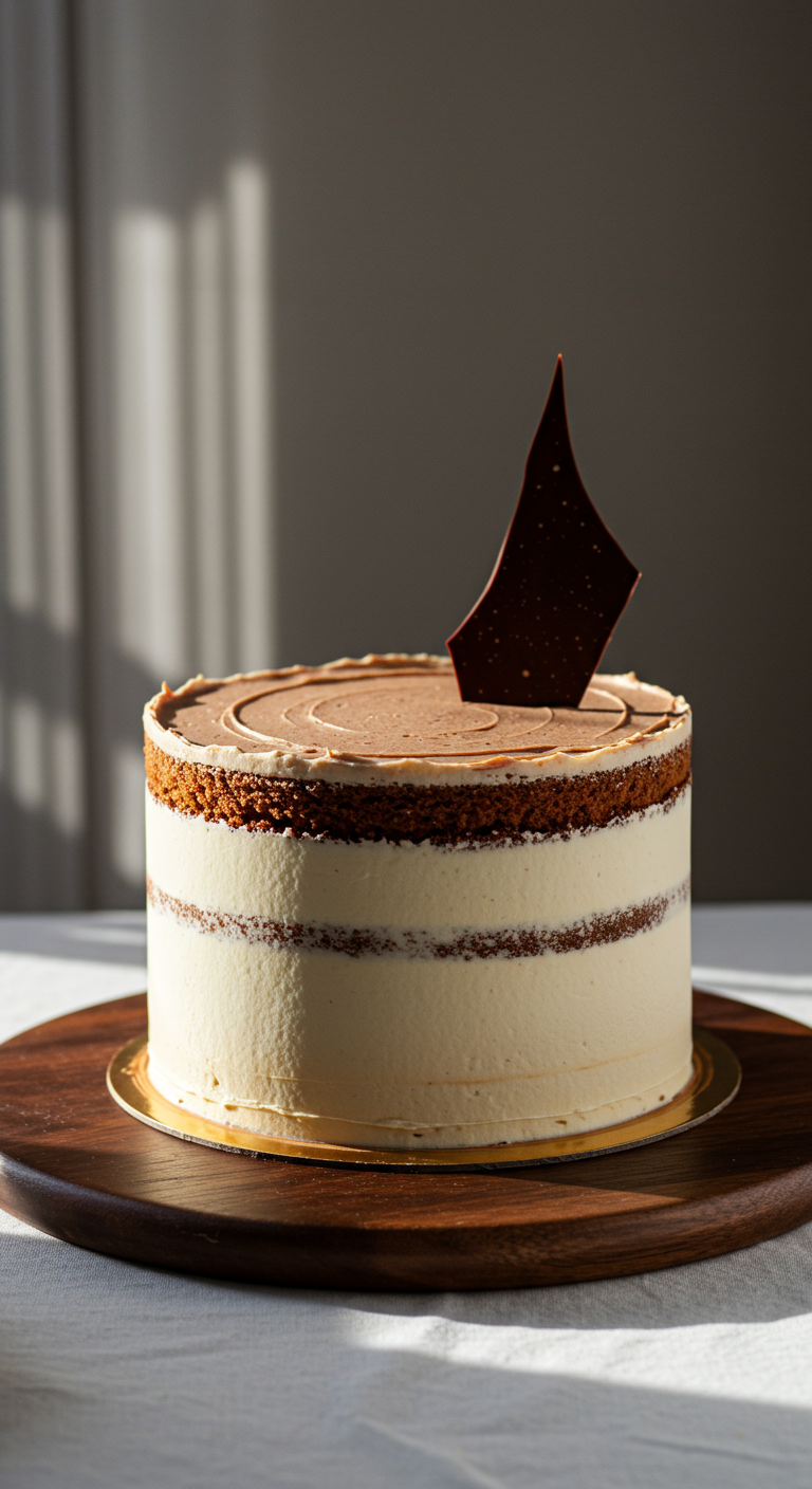 Naked Cake mit sichtbaren Schichten und Buttercreme, dekoriert mit einem Schokoladensplitter.