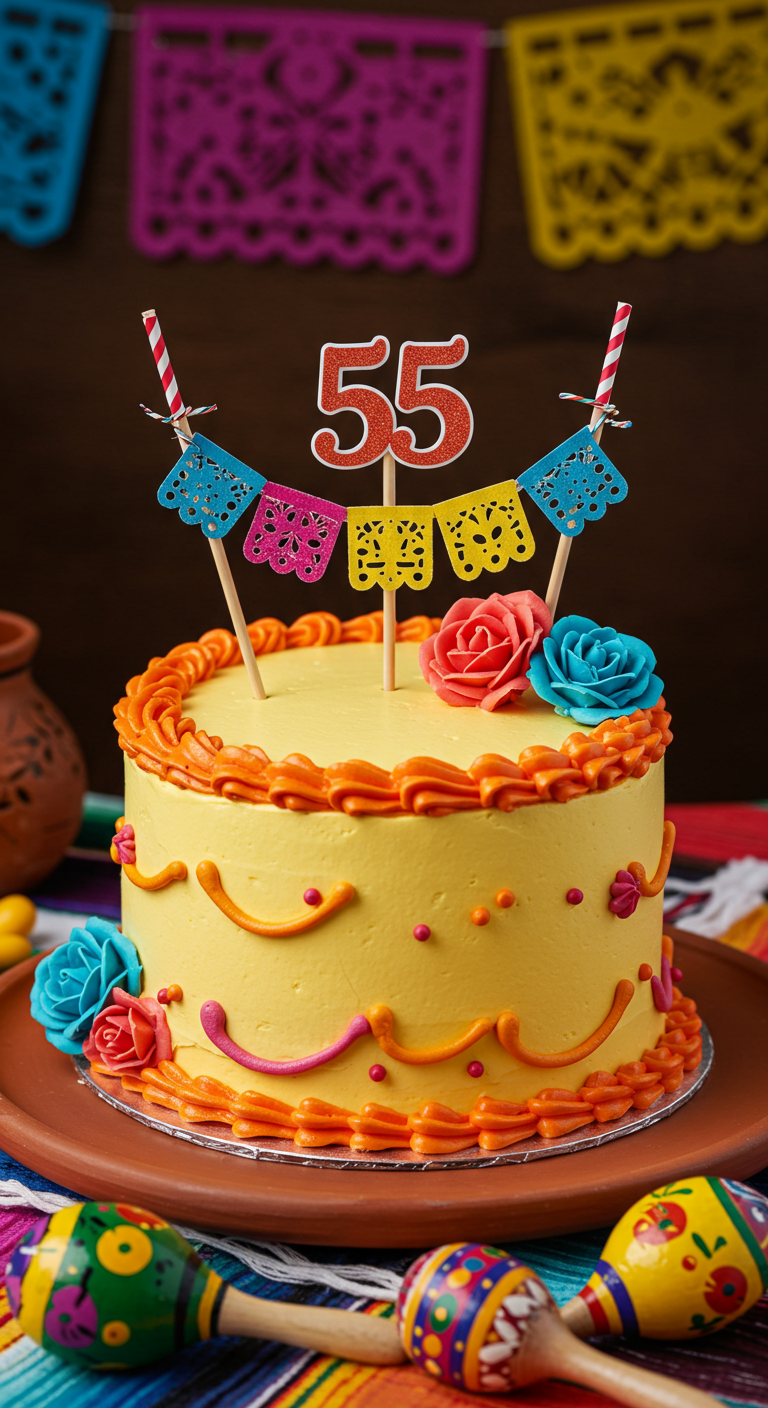 Gelbe Torte im mexikanischen Fiesta-Stil mit bunter Wimpelkette und Zuckerrosen.