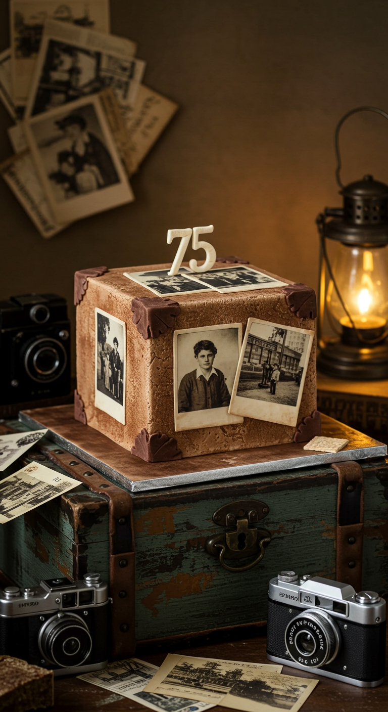 Quadratische Torte in Fotoalbum-Optik mit alten Schwarz-Weiß-Fotos und 75-Topper.