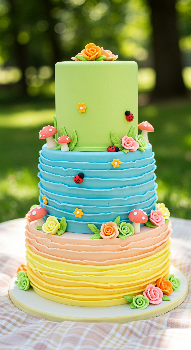 Mehrstöckige Torte in bunten Pastellfarben (Gelb, Orange, Blau, Grün) mit Rüschen und kleinen Zuckerfiguren.