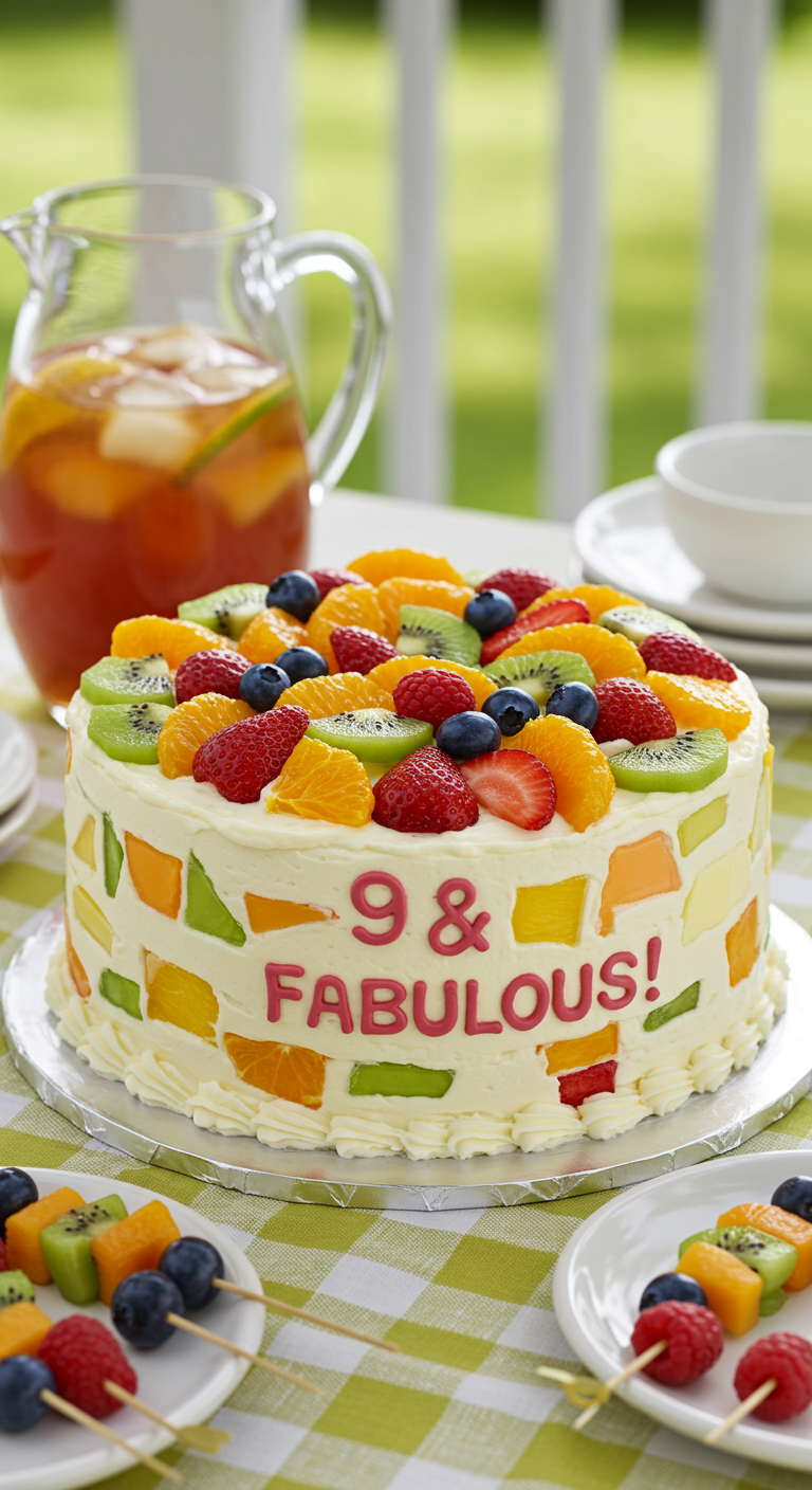 Weiße Torte mit buntem Fruchtmosaik und Schriftzug „9 & Fabulous!“.