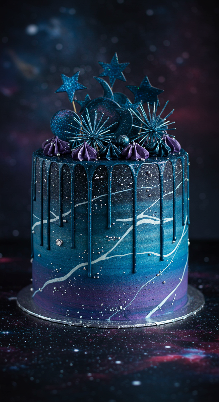 Dunkelblaue und violette Galaxy-Torte mit Silberdrip und Sternendeko.
