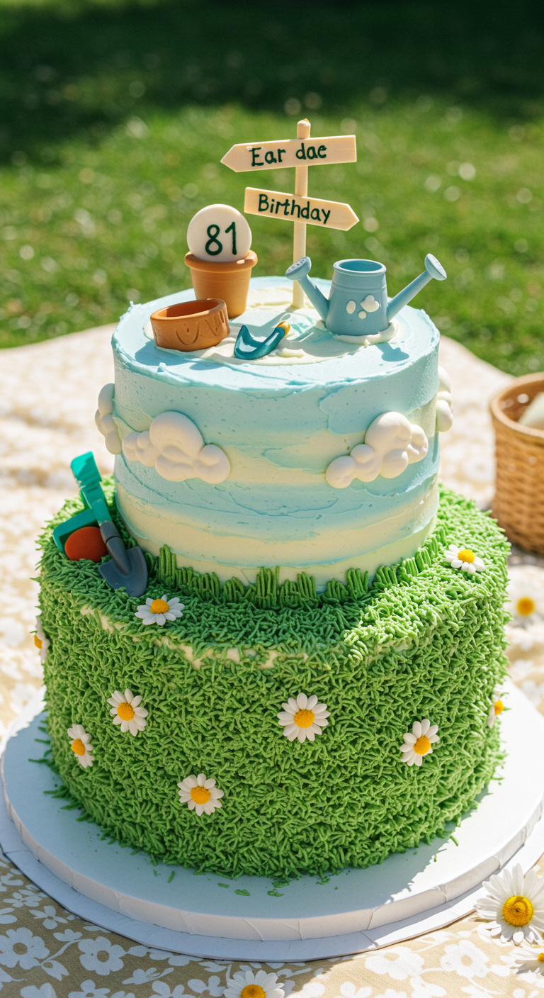 Zweistöckige Gartentorte mit Gras-Effekt, Gänseblümchen und Gartenwerkzeug.