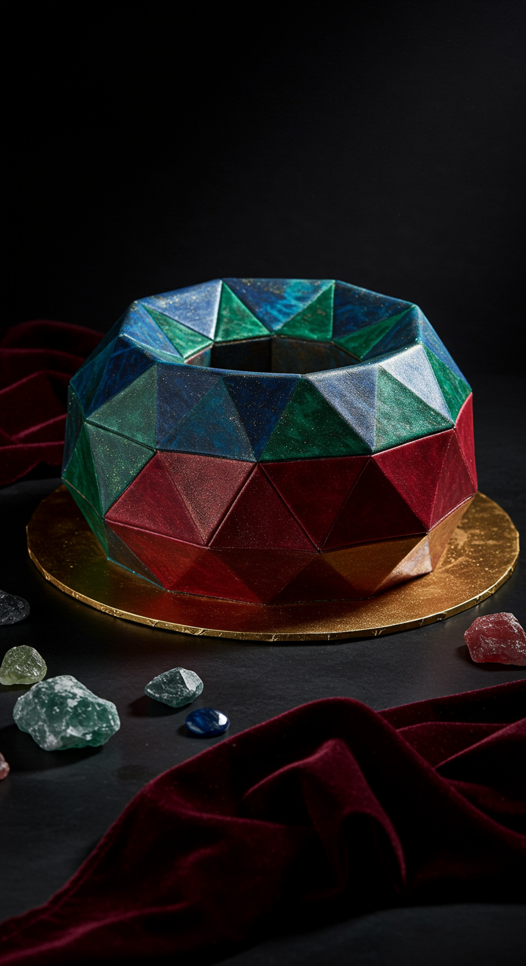 Ringförmige Torte mit bunten geometrischen Facetten, die an Edelsteine erinnern.