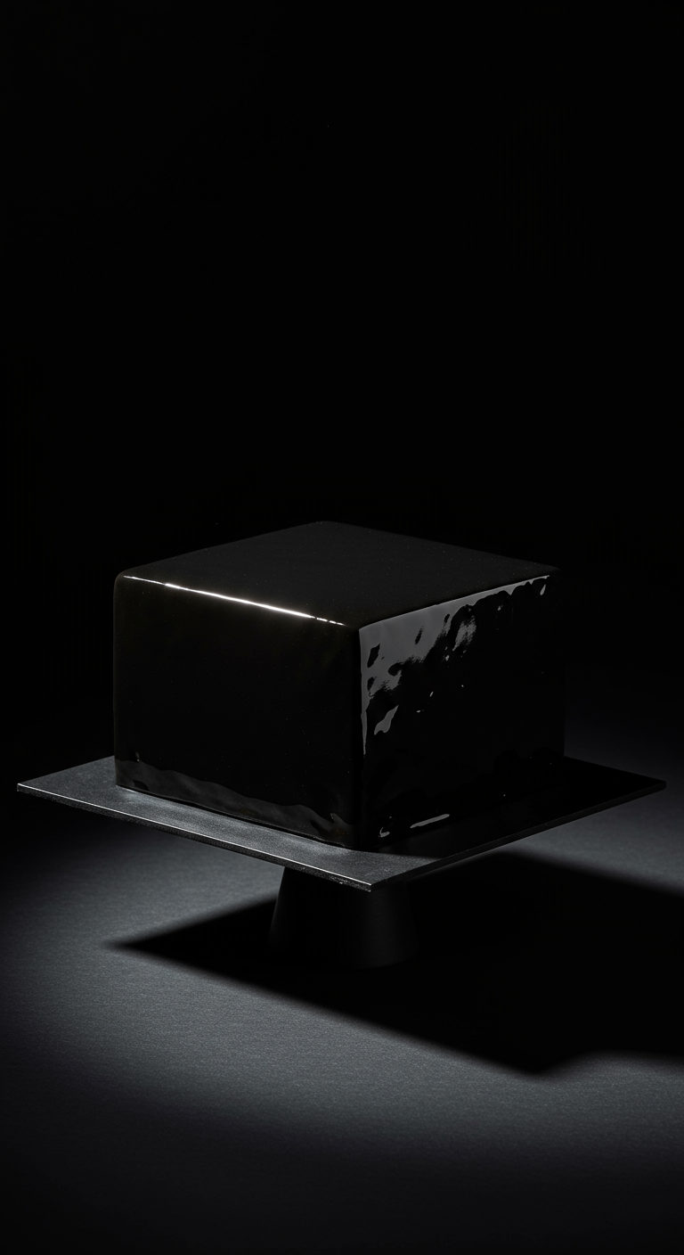 Quadratische, tiefschwarze Torte mit spiegelglatter Oberfläche (Mirror Glaze).