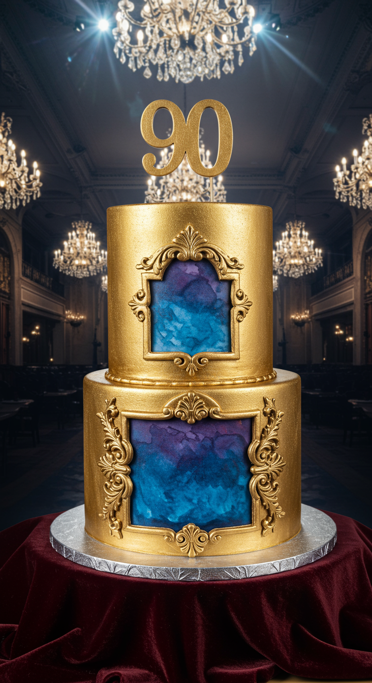 Zweistöckige goldene Torte mit verzierten Rahmen, die blau-lila Aquarell-Fenster zeigen.