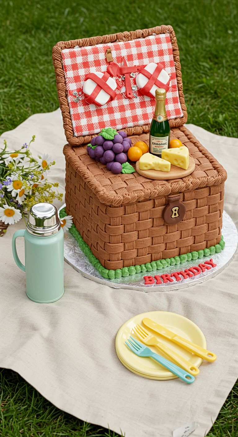 Torte als offener Picknickkorb mit Weinflasche, Trauben, Käse und Baguette aus Fondant.