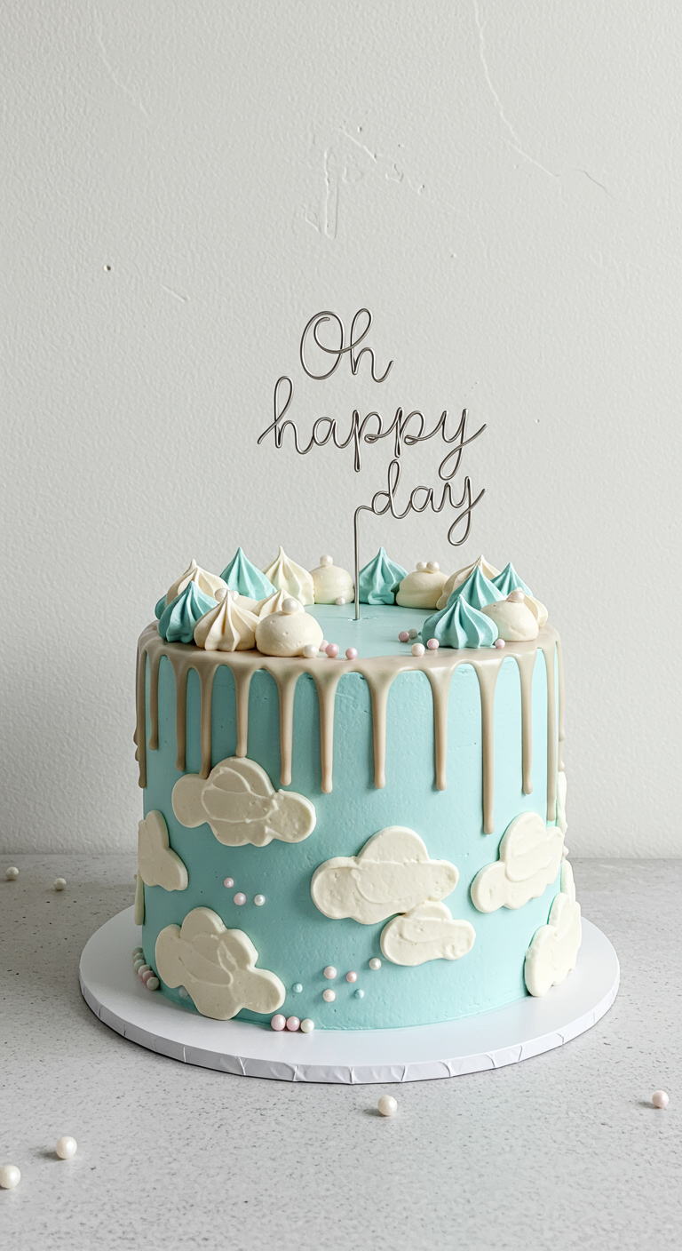 Hellblaue Torte mit weißem Drip, Fondant-Wolken und