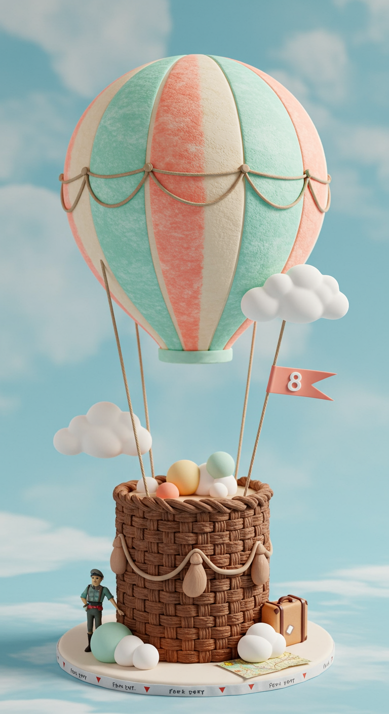 Torte in Form eines Heißluftballons mit Korb und Wolken vor blauem Himmel