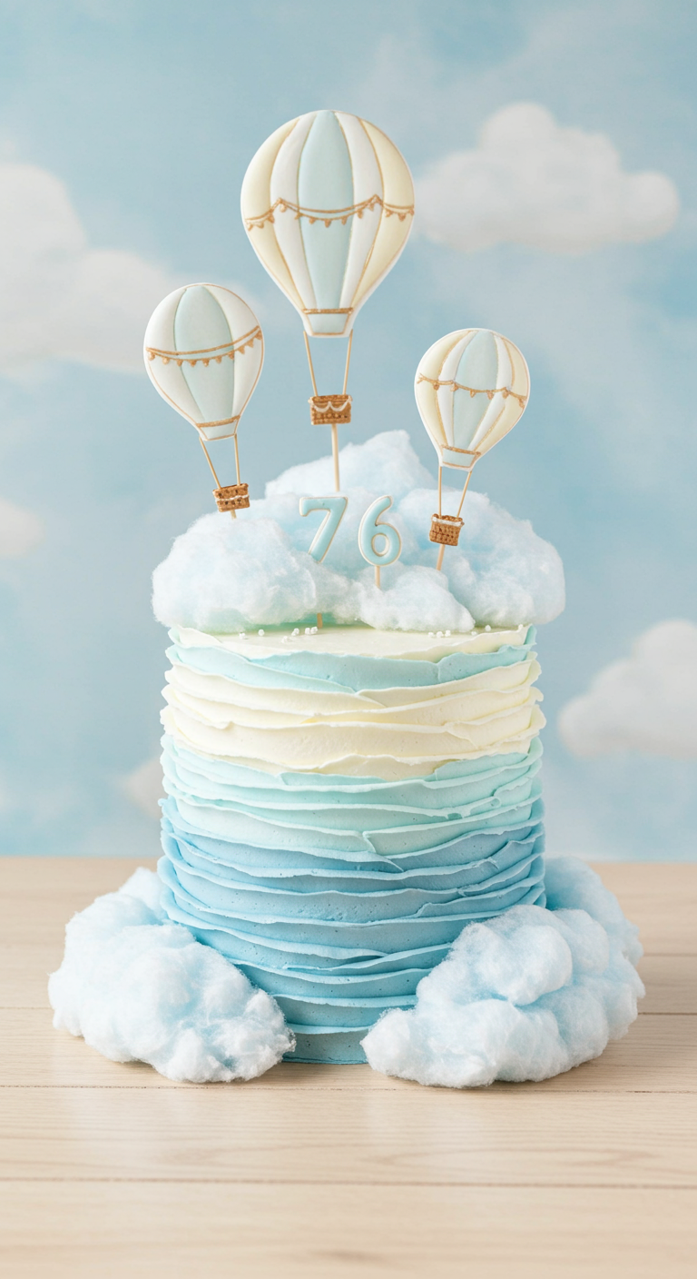 Blaue Ombré-Rüschentorte mit Zuckerwatte und Heißluftballon-Keksen.