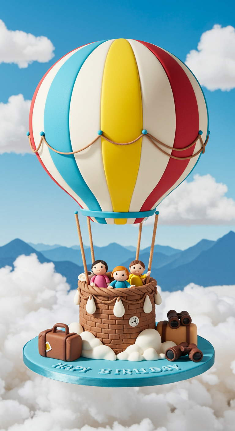 Heißluftballon-Torte mit buntem Ballon, Korb mit Figuren und Wolken-Deko.