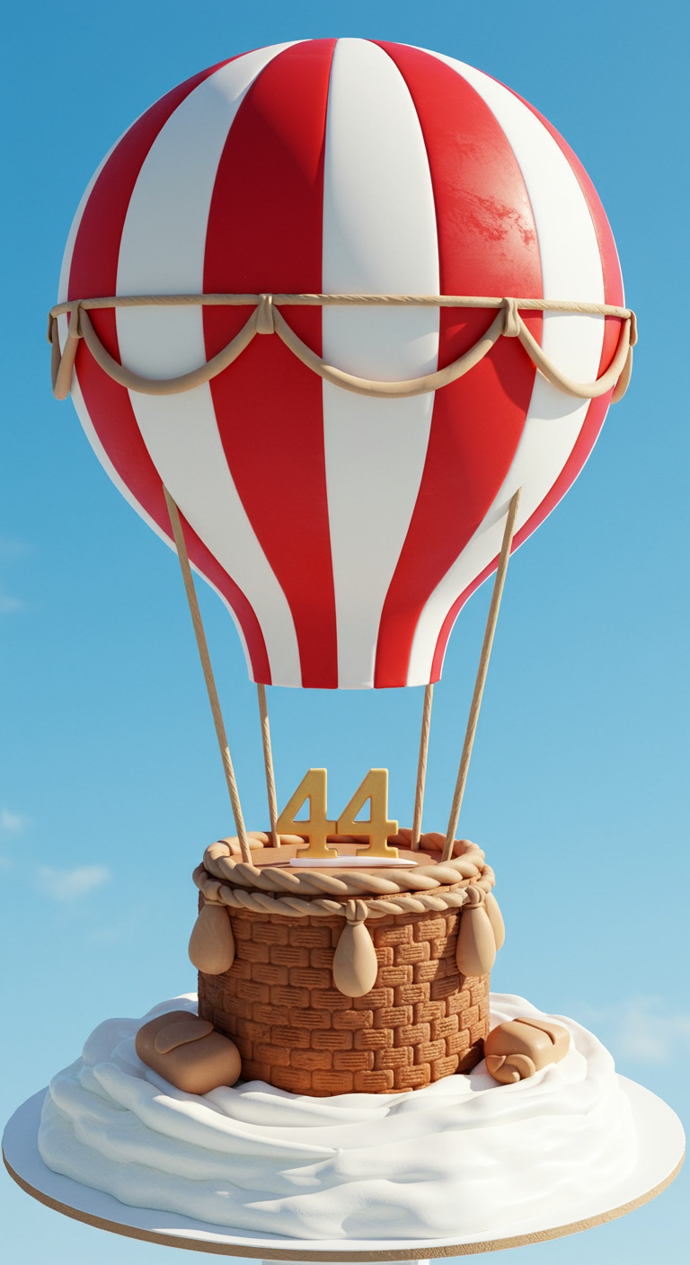 Torte als Heißluftballon mit rot-weiß gestreiftem Ballon und Korb auf einer Wolke aus Creme.