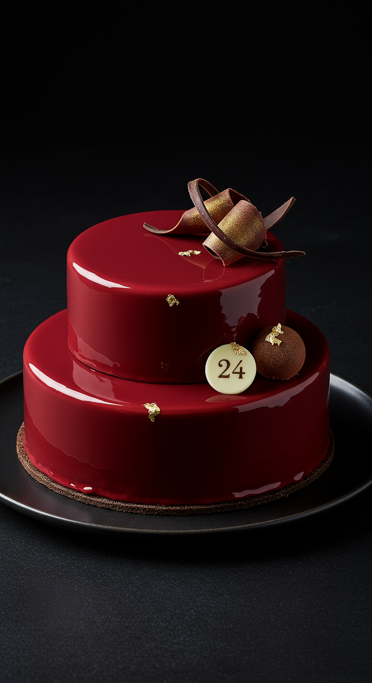 Zweistöckige, tiefrote Hochglanz-Torte mit Schokodeko und goldenen Akzenten, Zahl 24 auf Plättchen.