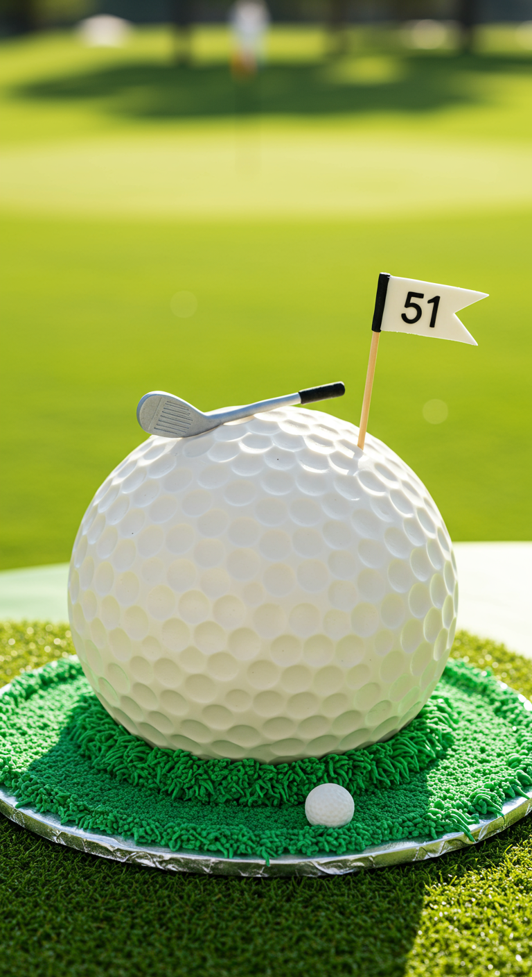 Torte in Form eines Golfballs auf grünem Rasen mit Golffahne