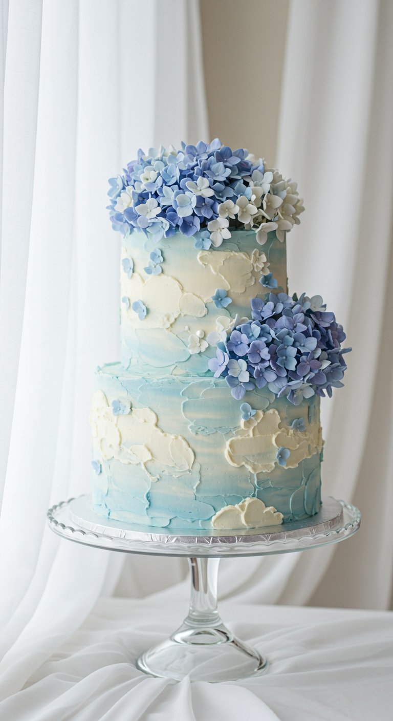 Zweistöckige Torte mit hellblau-weißem Wolkenmuster, üppig dekoriert mit blauen Hortensienblüten.