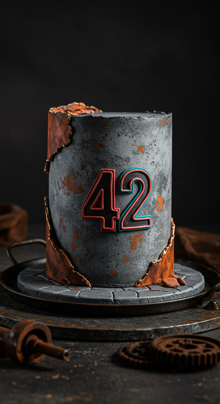 Graue Torte mit Rost-Effekt, Metallplatten-Optik und rot-schwarzer Zahl '42'.