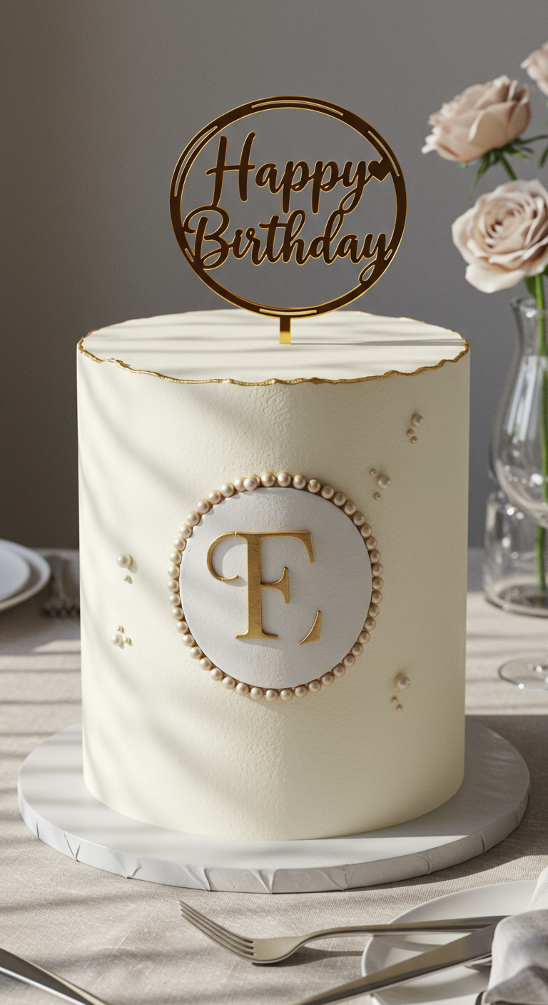 Elegante weiße Torte mit goldenem Monogramm und