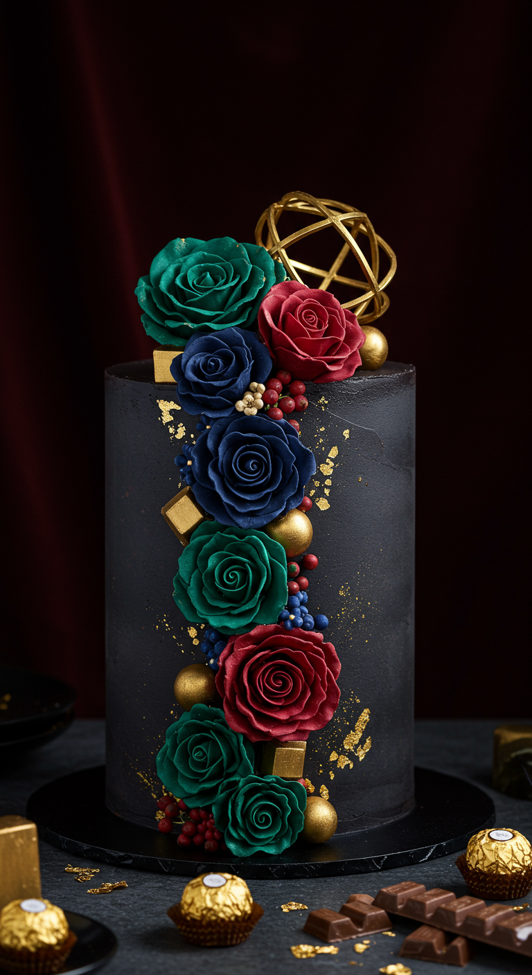 Hohe schwarze Torte mit opulenten Zuckerrosen in Juwelenfarben, goldenen Kugeln und Ferrero Rocher.