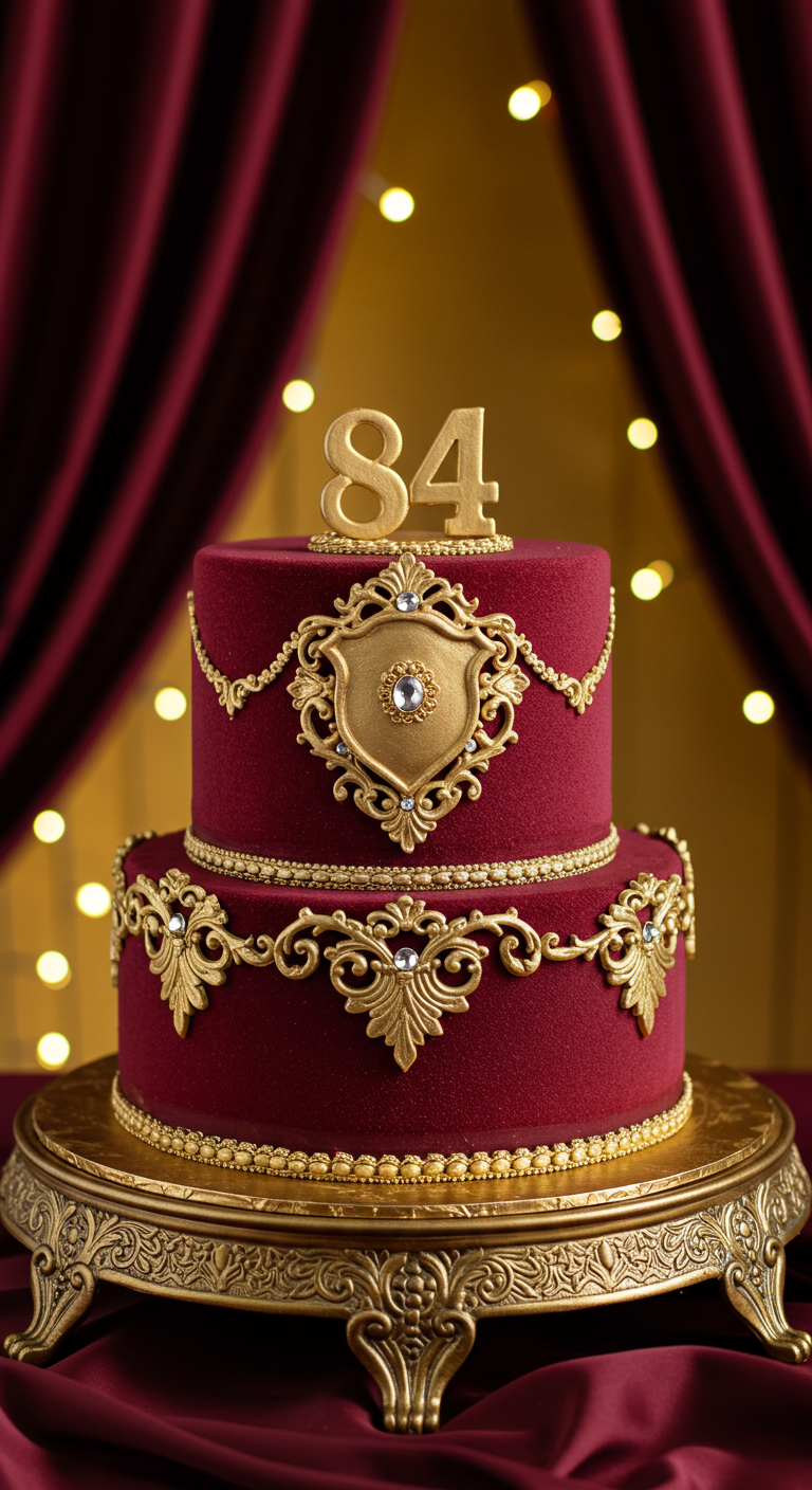 Zweistöckige samtrote Torte mit üppigen goldenen Ornamenten und Zahl 84.