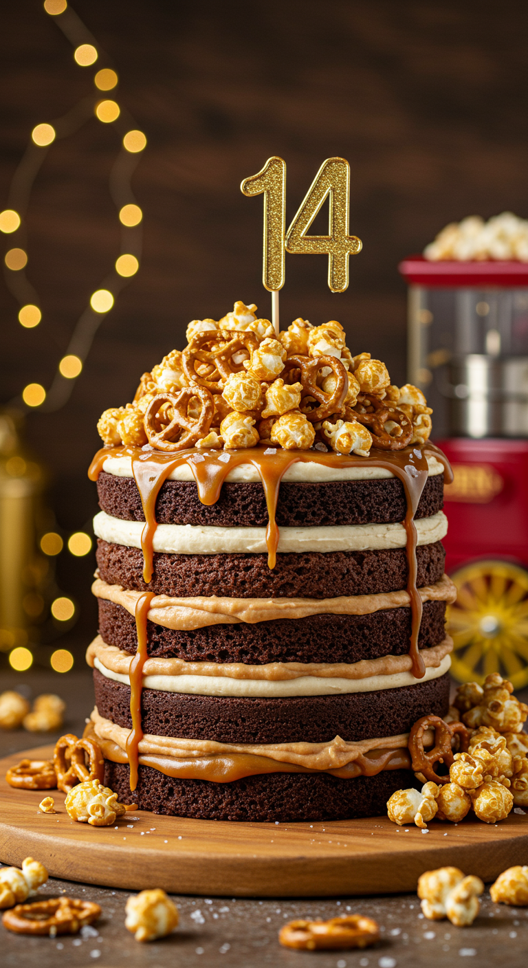 Naked Chocolate Cake mit Karamell-Drip, Popcorn und Brezeln als Topping.