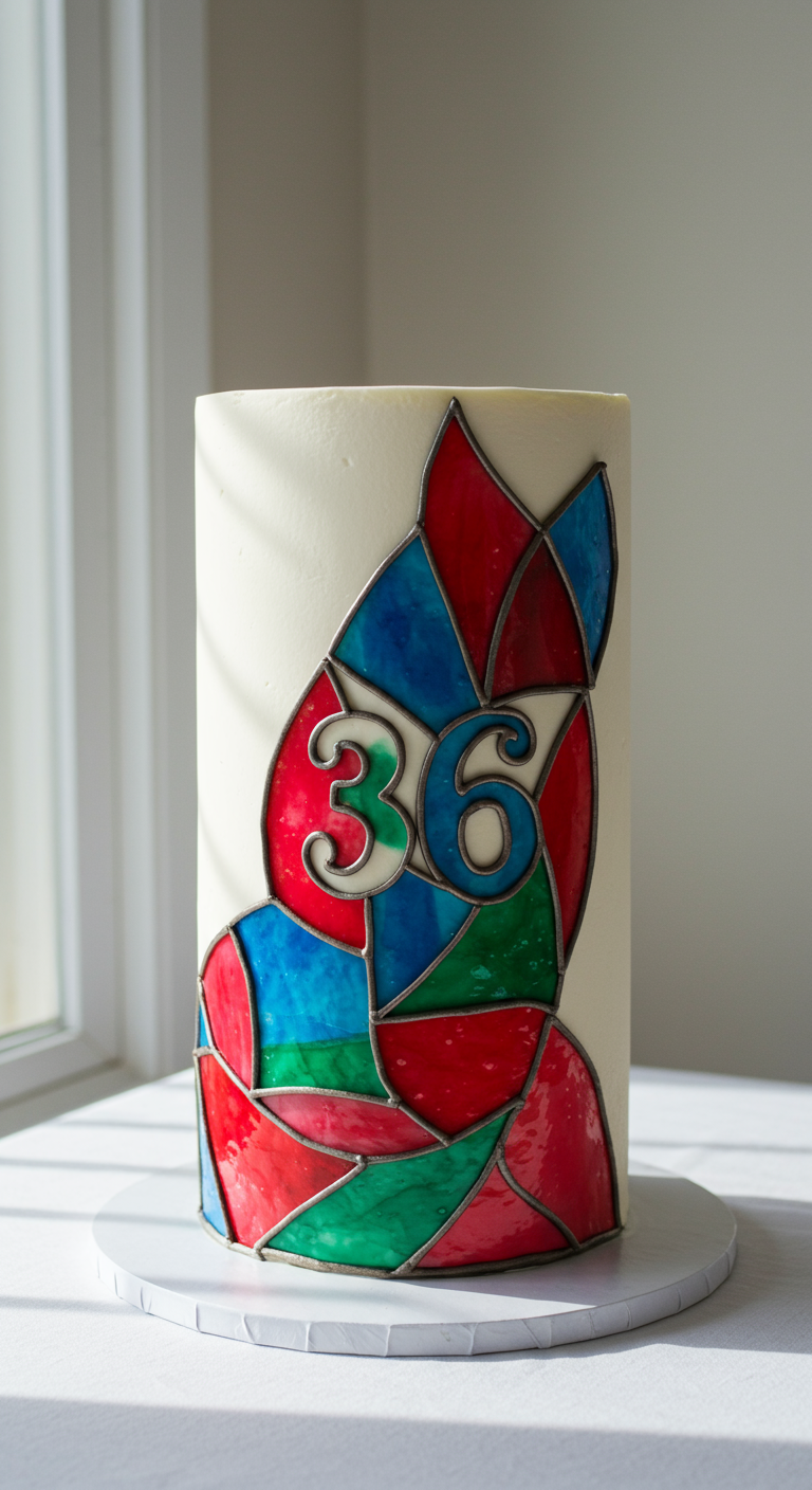 Hohe weiße Torte mit einem katzenförmigen Buntglas-Motiv in Rot, Blau und Grün.