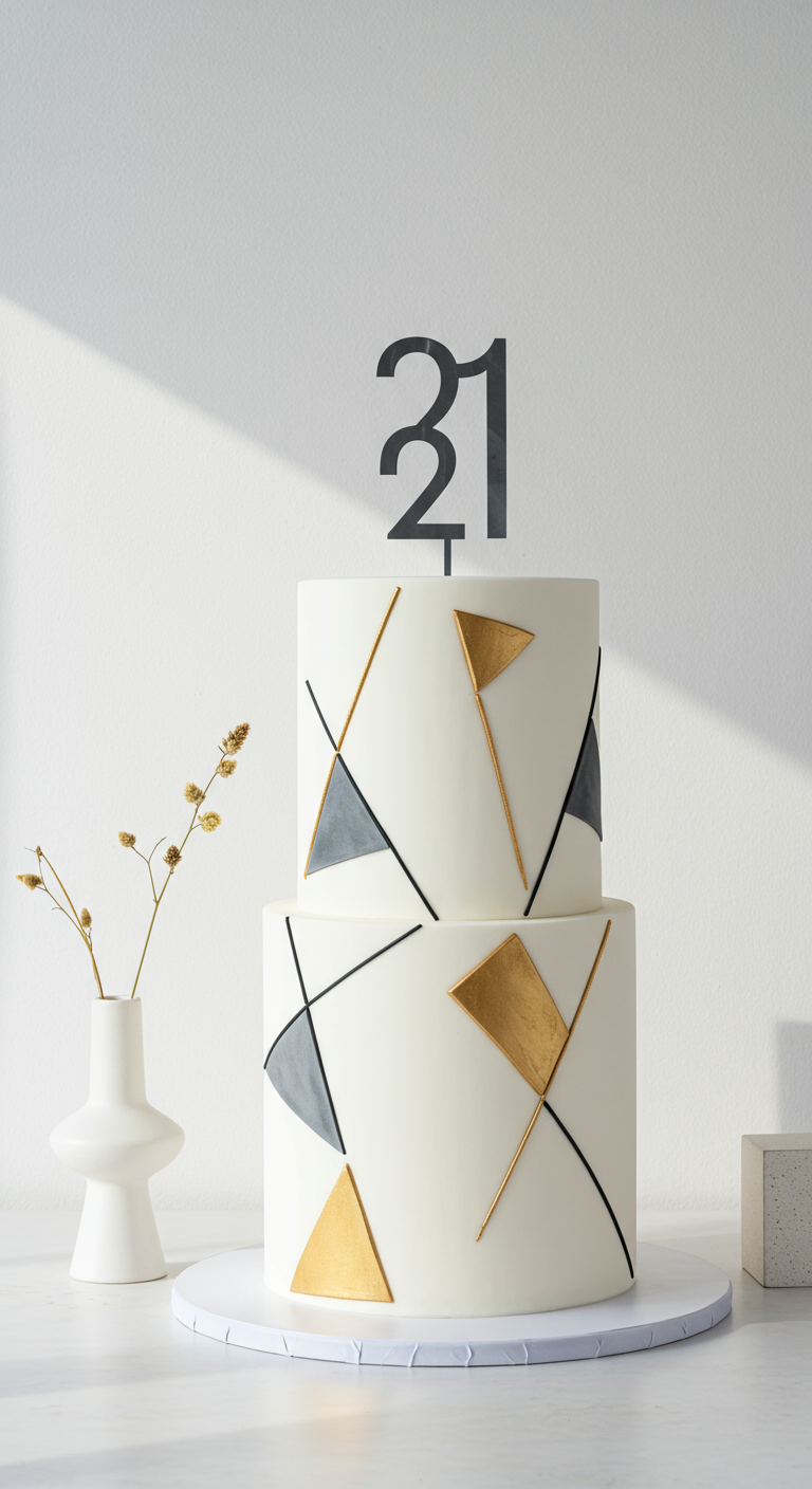 Zweistöckige weiße Torte mit minimalistischen geometrischen Mustern in Gold, Grau, Schwarz.