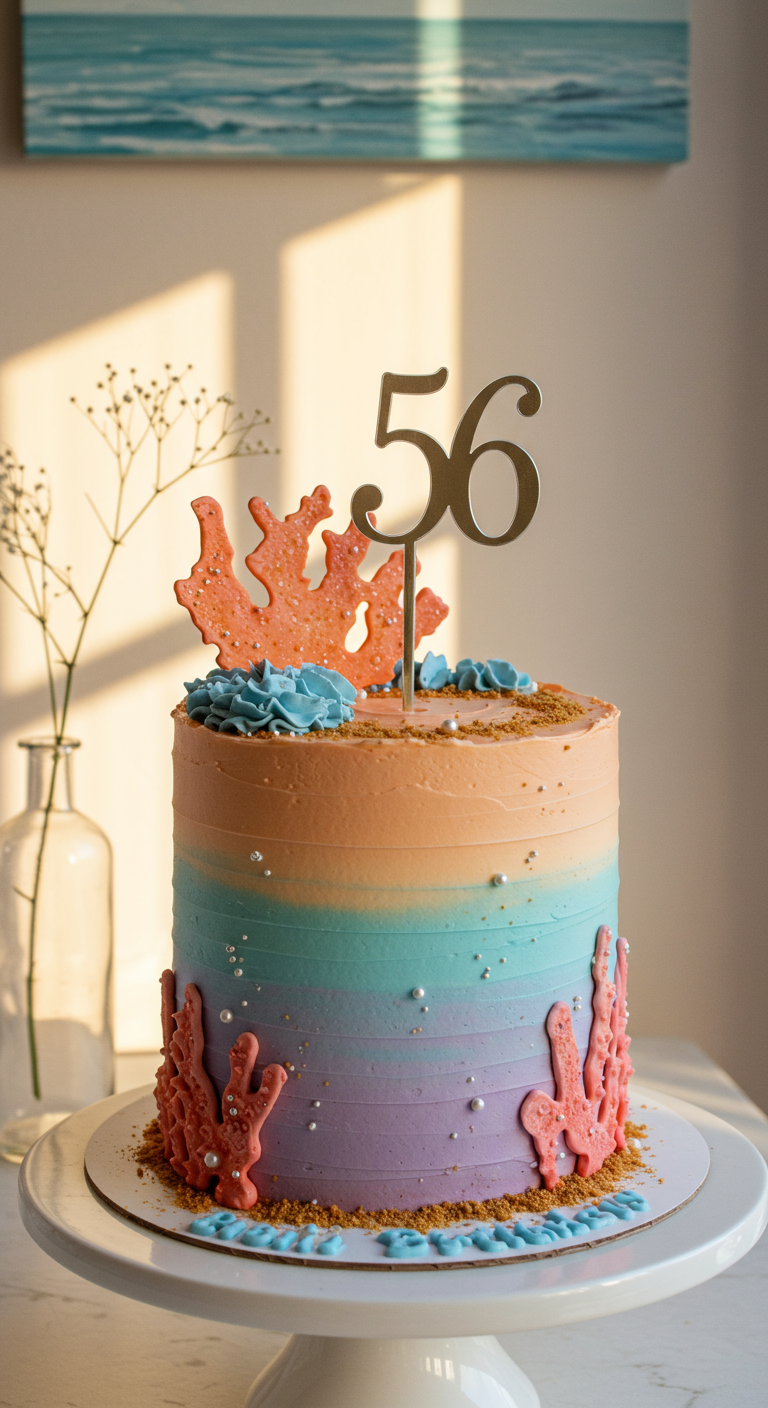Pastellfarbene Ombré-Torte mit Korallen aus Zucker und Perlen als Unterwasserthema.