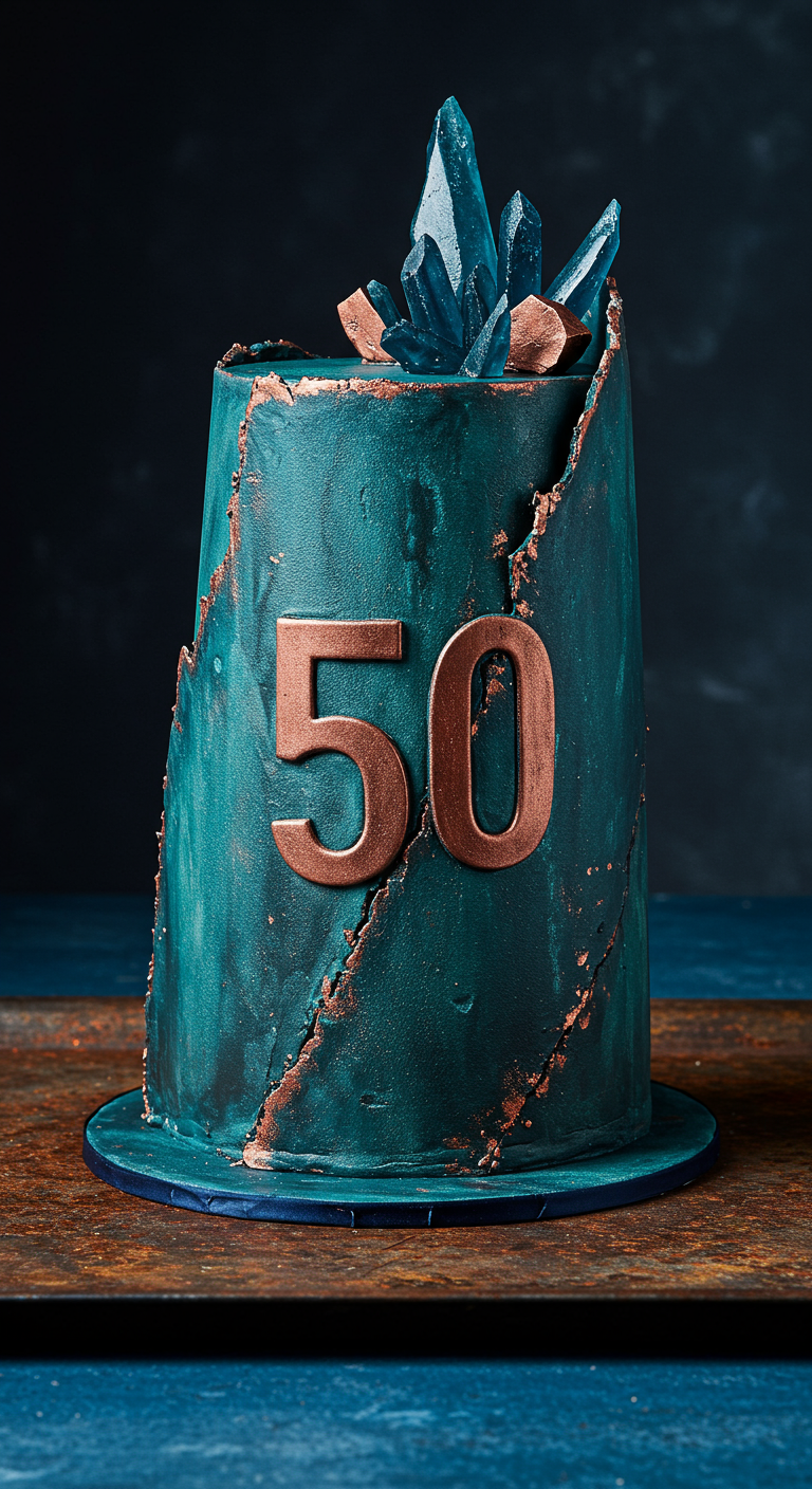 Petrolfarbene Torte mit kupferfarbener '50' und einer Aussparung mit blauen Zuckerkristallen.