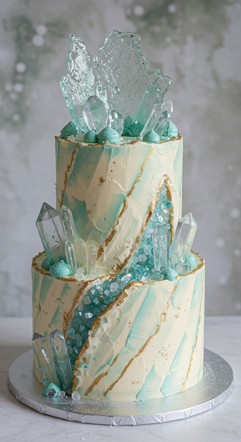 Zweistöckige Geode-Torte mit blau-türkisen und klaren Zuckerkristallen.