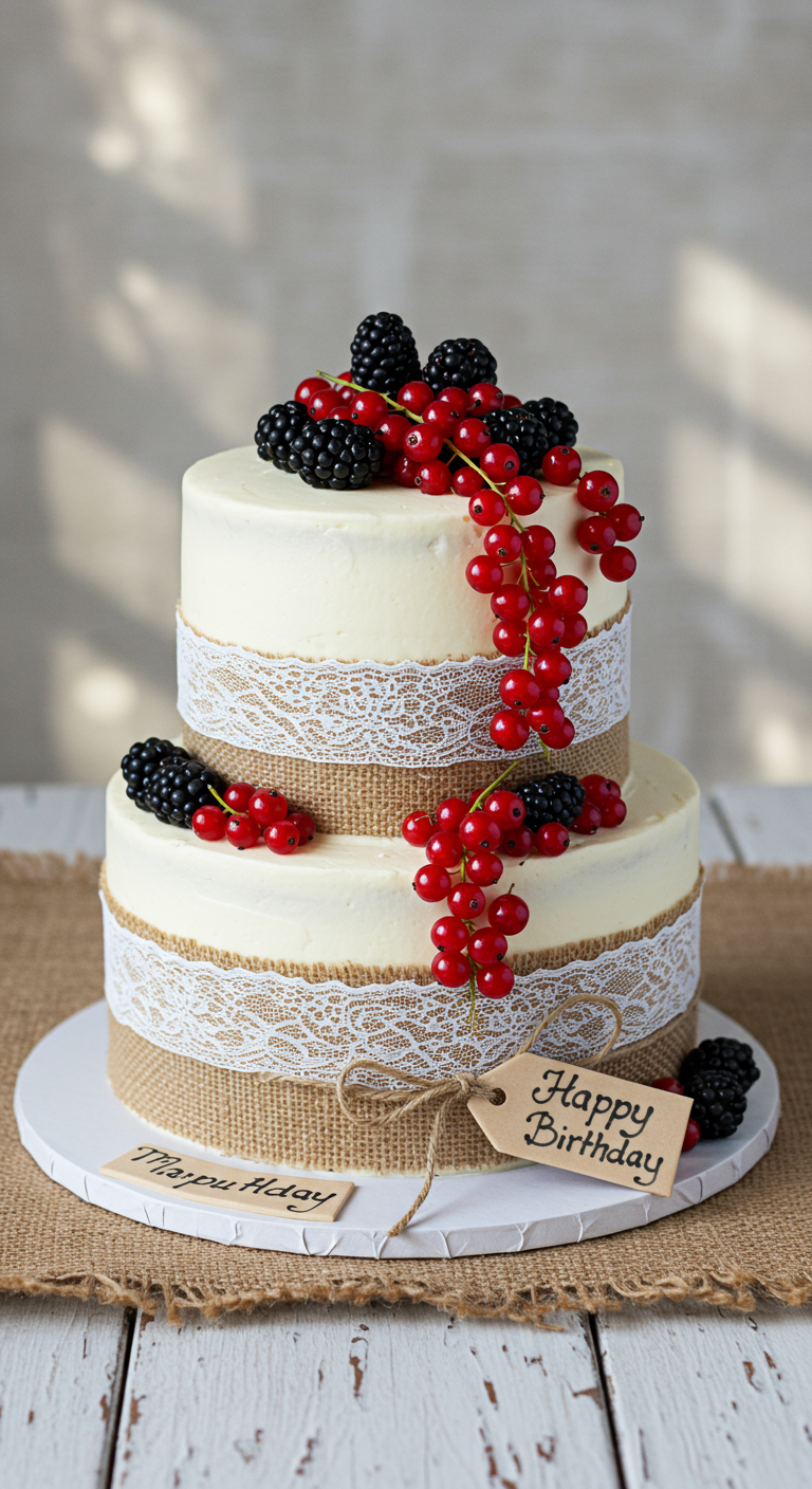 Zweistöckige Torte mit Juteband, Spitze und frischen Beeren.