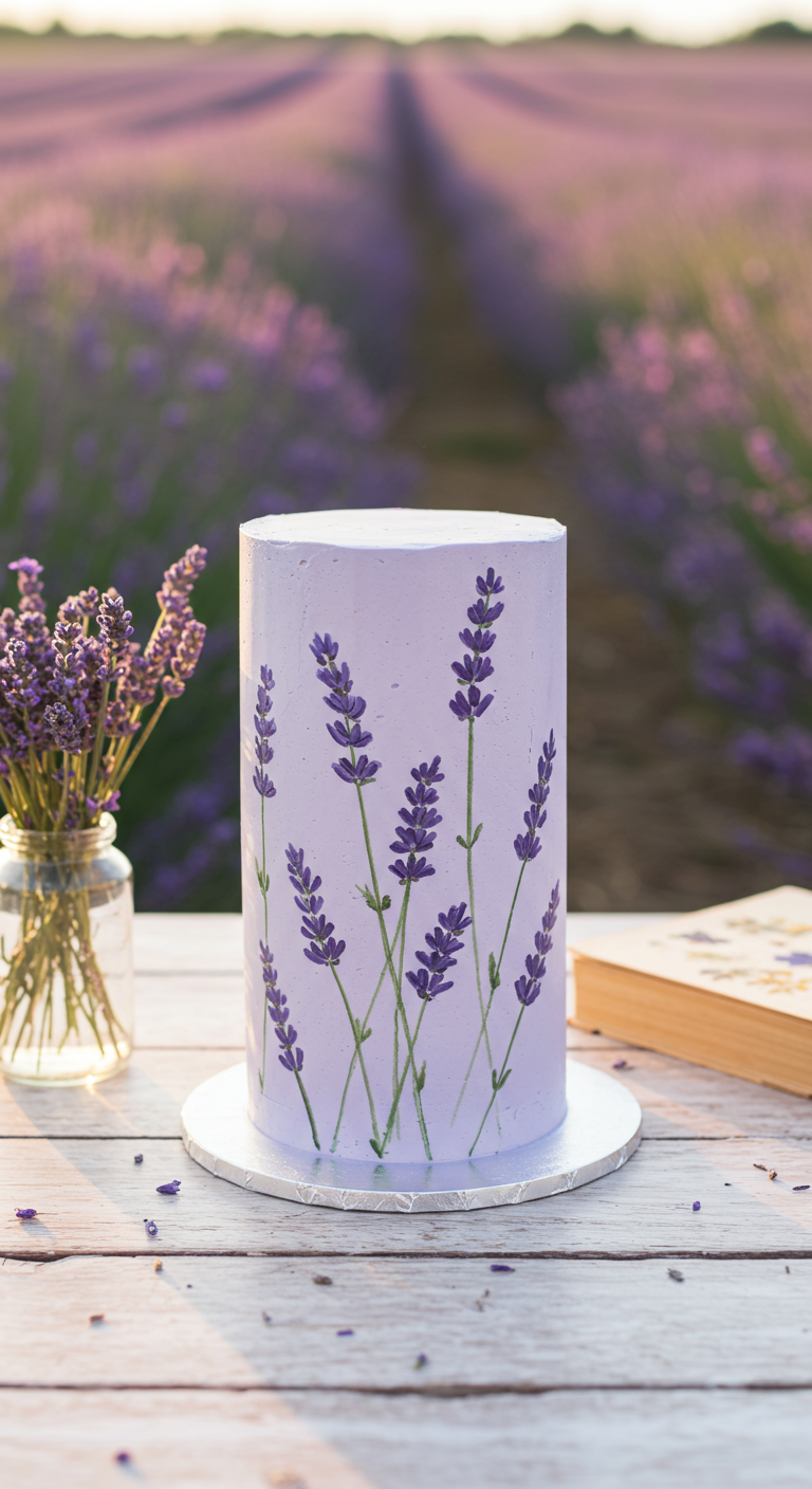 Lila Torte mit handgemalten Lavendelzweigen, daneben ein Strauß frischer Lavendel.