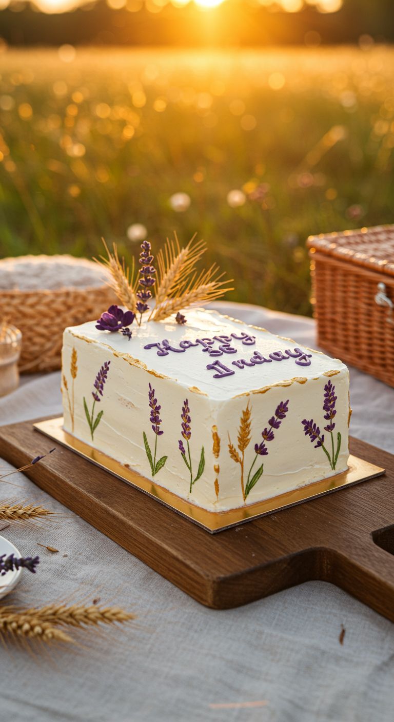 Rechteckiger weißer Kuchen mit handgemalten Lavendelzweigen und Getreideähren, dekoriert mit echten Zweigen.