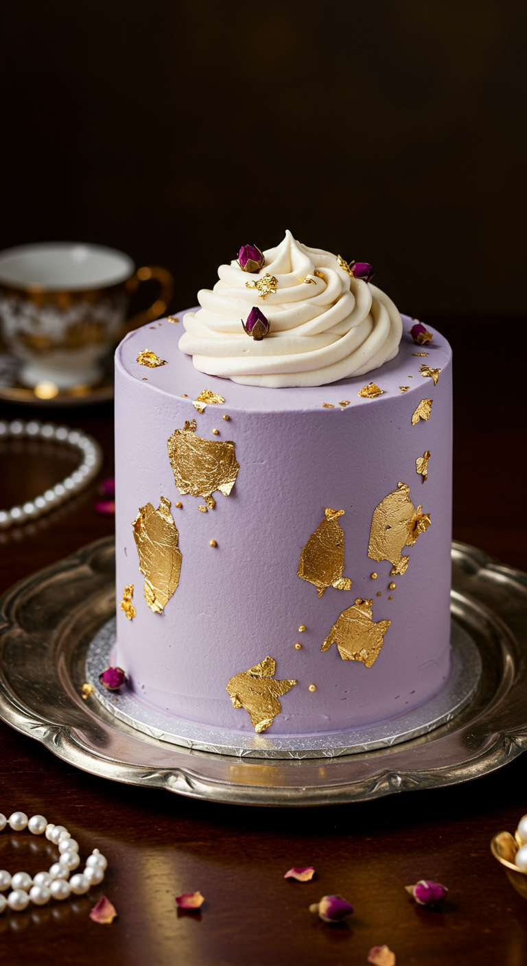 Lavendelfarbene Torte mit weißem Buttercreme-Swirl, Goldflocken und getrockneten Rosenknospen.