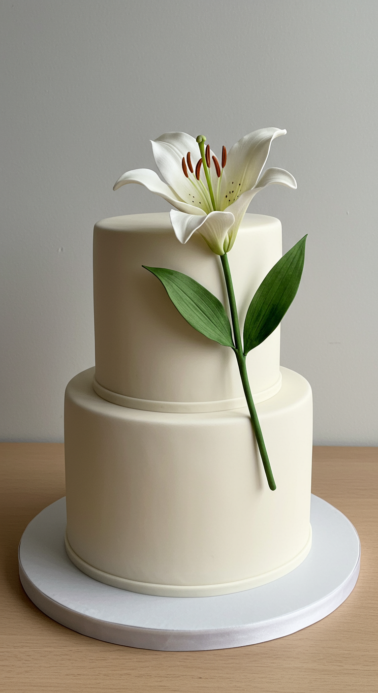 Schlichte, zweistöckige weiße Torte mit einer einzelnen großen weißen Lilie als Dekoration.