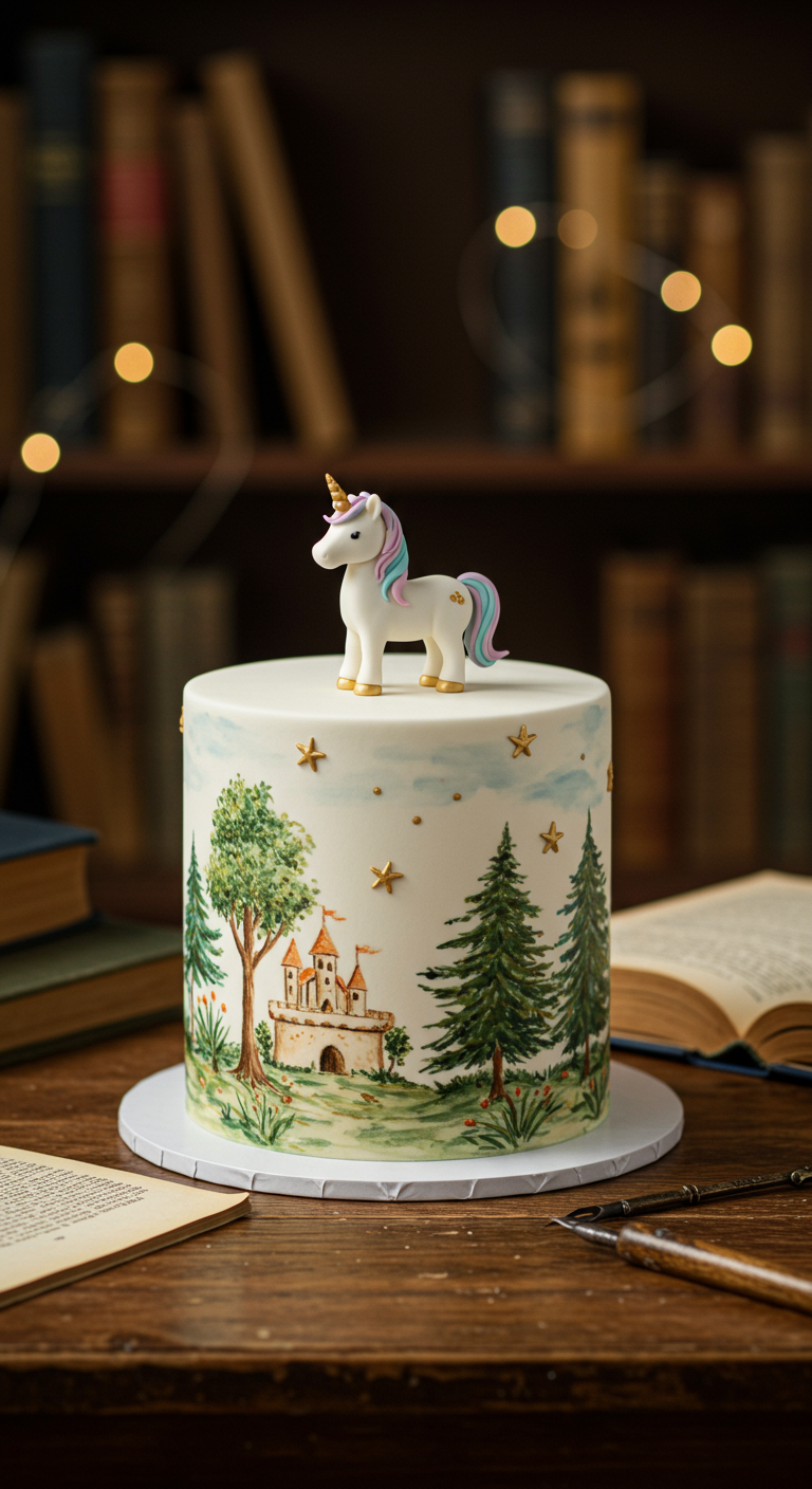 Weiße Torte mit handgemalter Märchenlandschaft und einer Einhorn-Figur obenauf.