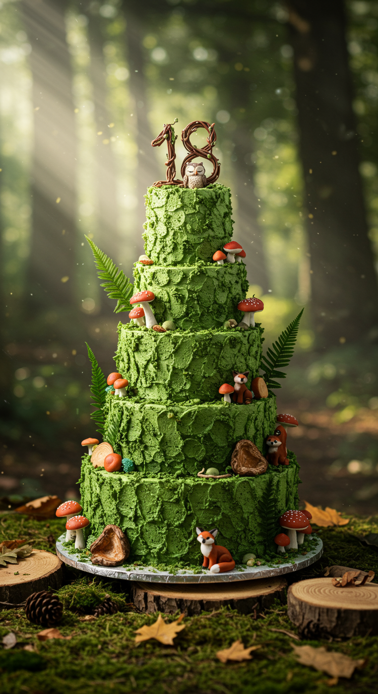 Hohe, mehrstöckige grüne Torte dekoriert wie ein Märchenwald mit Tieren und Pilzen.