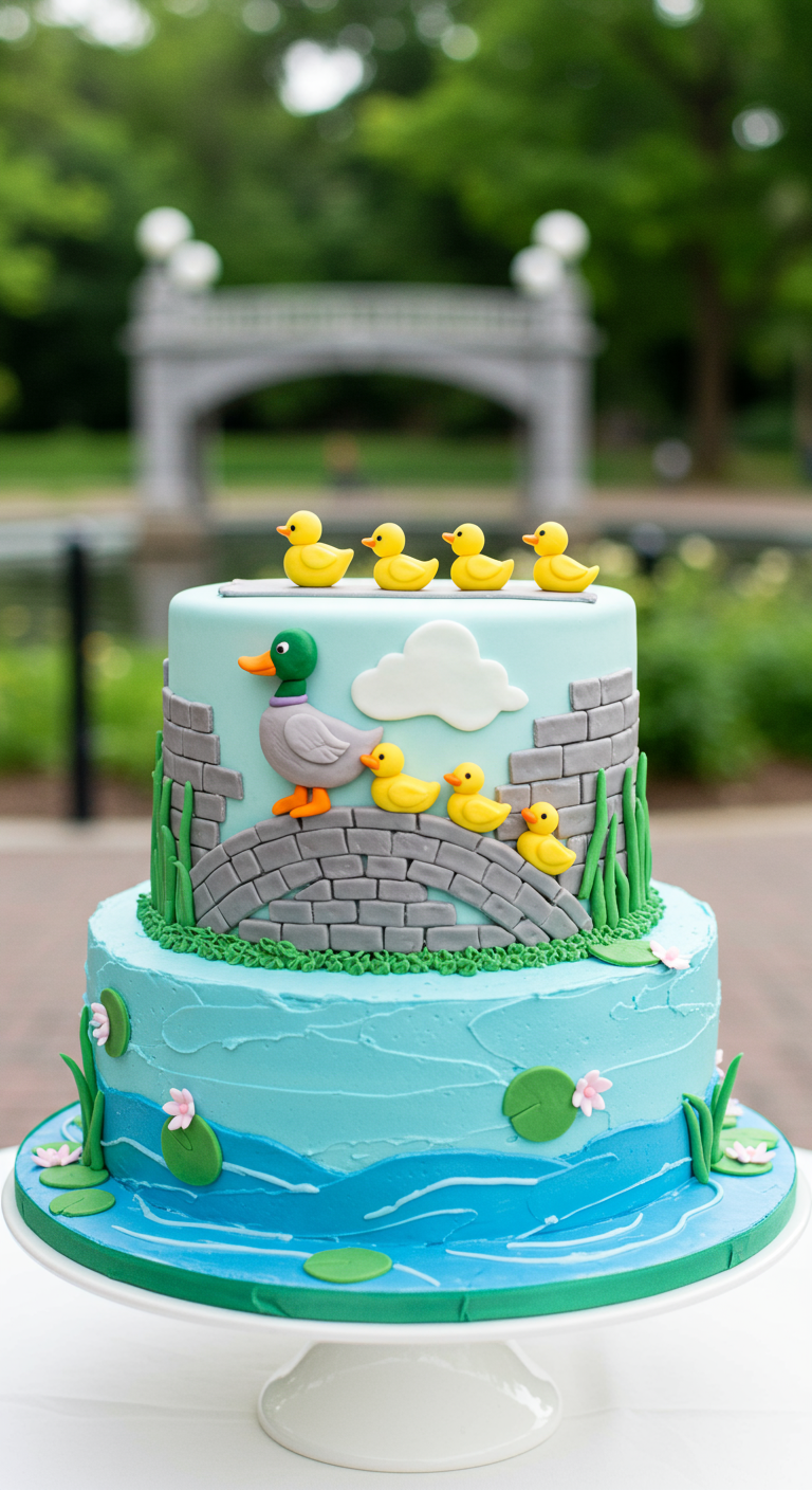 Zweistöckige Torte mit Entenfamilie auf einer Brücke über einem Teich.