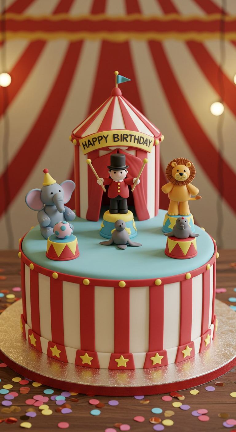 Zirkus-Torte mit Zelt, Direktor, Löwe, Elefant und Seehunden aus Fondant.