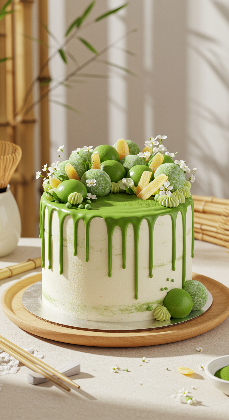 Weiße Torte mit grünem Matcha-Drip, Matcha-Kugeln und kandierten Zitrusfrüchten.