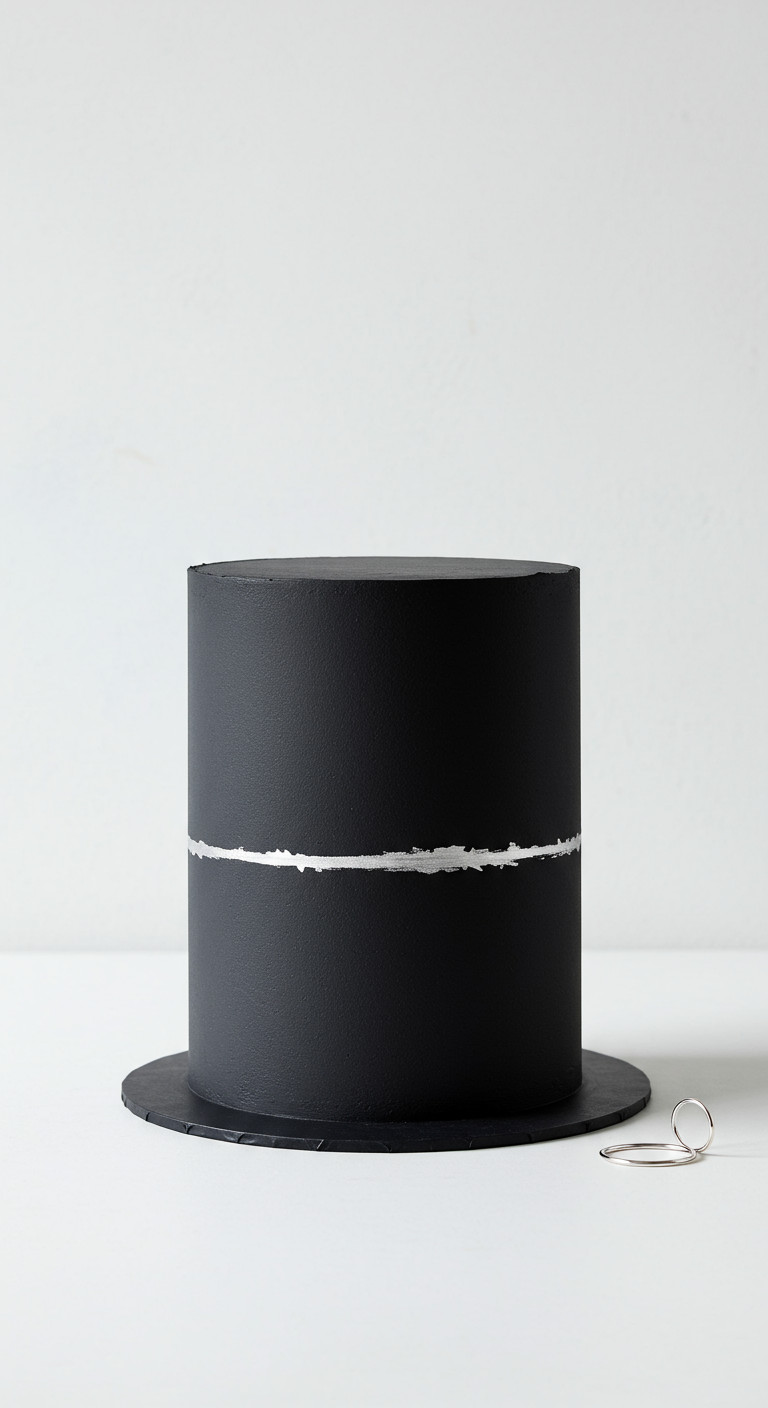 Mattschwarze Torte mit einem einzelnen, dünnen Silberstreifen.