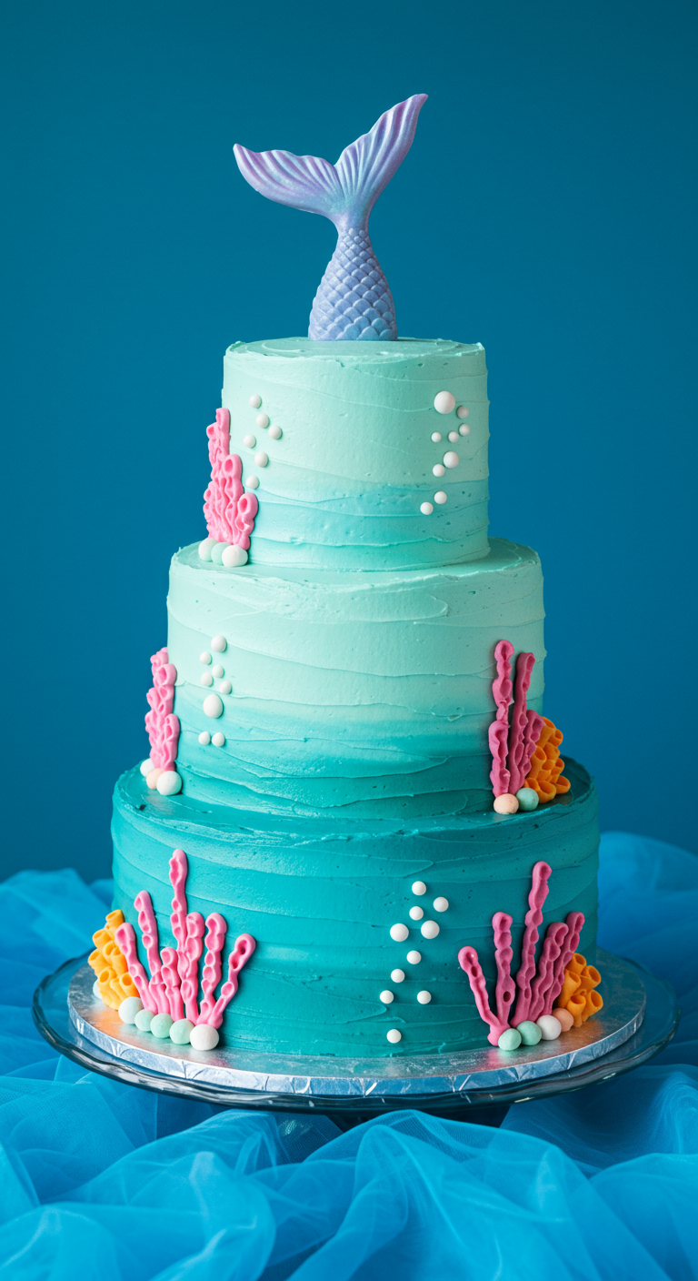Mehrstöckige türkise Ombré-Buttercreme-Torte mit Meerjungfrauenflosse und Korallen.