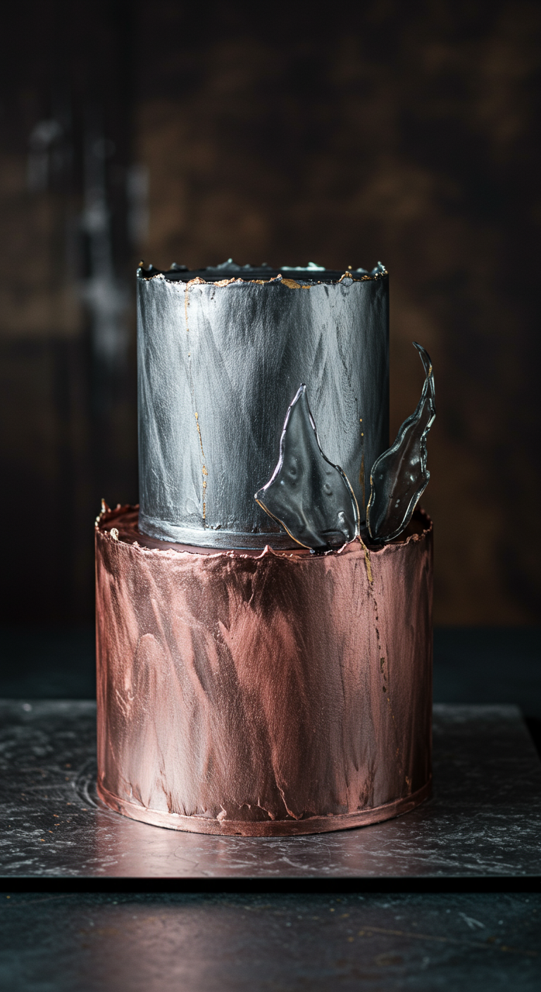 Zweistöckige Torte mit silberner oberer und kupferfarbener unterer Etage, Metallic-Look.