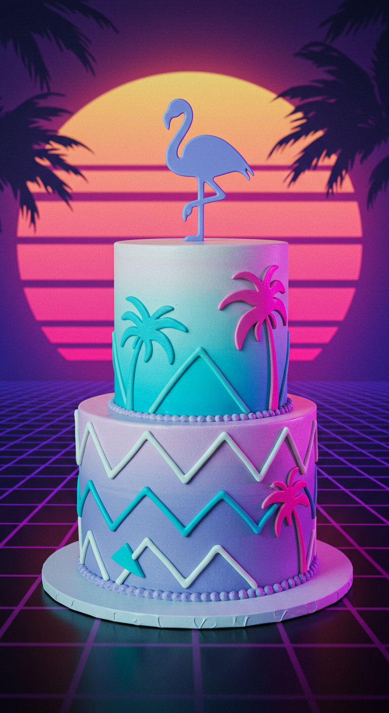 Zweistöckige Torte im Miami-Vice-Stil mit Pastellfarbverlauf, Palmen und Flamingo-Topper.