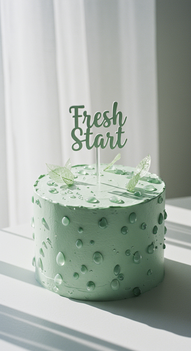 Mintgrüne Torte mit Tautropfen-Effekt und „Fresh Start“-Topper.