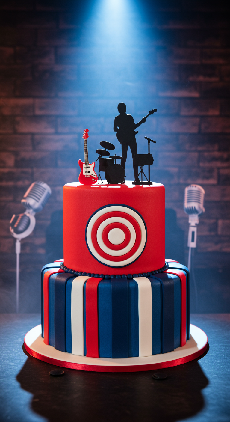 Zweistöckige Torte im Mod-Stil mit Target-Symbol und Band-Silhouette.